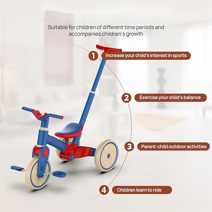 Tricycle for Toddlers 1-3 Year Olds, 5 in 1 Toddler Balance Bike with Removable Pedal, Foldable Toddler Tricycle with Push Handle(Blue)