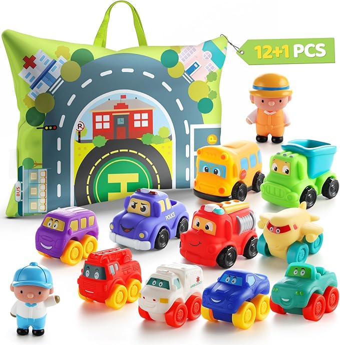 Soft Rubber Toy Figure Car for 1 Year Old Boy with Playmat (Storage Bag)|12 PCS Cartoon Cars Baby Toys for 12-18 Months & Toddler Age 1-2|First Birthday for 1 2 3 Year Old Boy