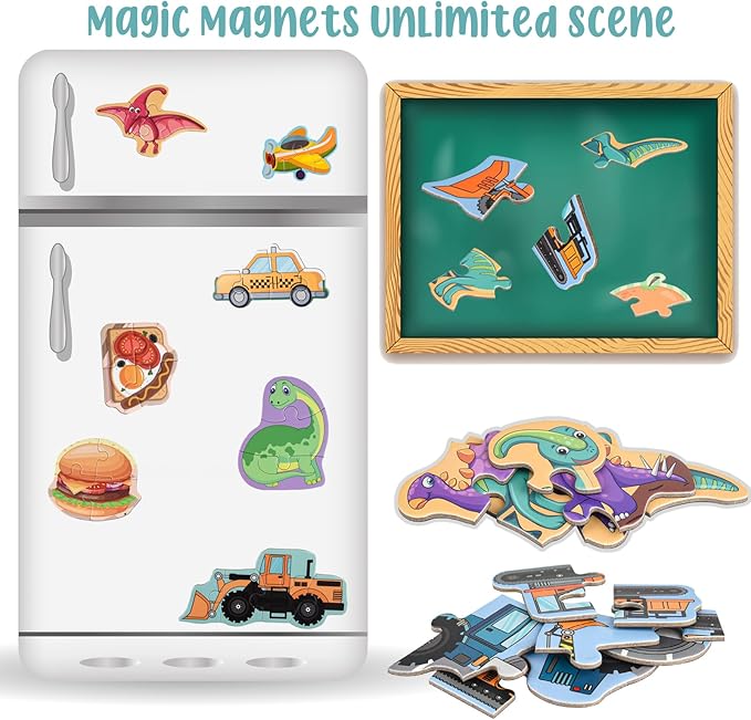 ASTARON 3D Magnetic Dinosaur Puzzle with 80 Puffy Stickers for Toddlers, Dino Magnets for Toddlers 1-3 Preschool Education Learning Travel Toys Car Plane Activities for Kids Road Trip Birthday Gifts