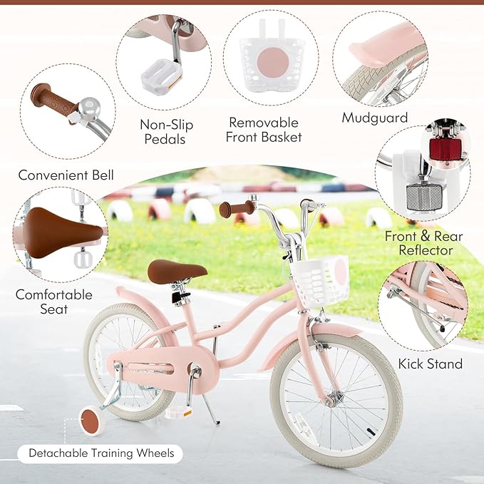 COSTWAY Kids Bike, 12 14 16 18 Inch Toddler Bike Children Bicycle w/Training Wheels, Hand & Coaster Brakes, Adjustable Saddle & Handlebar, Basket, Bell, Kids Bicycle for Girls Boys Aged 3-8 Years Old