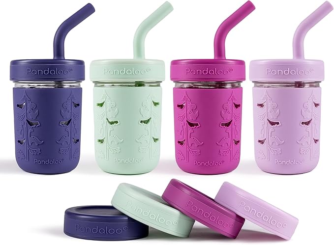 Pandaloo® Mason Jar Toddler Cup - 8 oz Spill-Proof Glass Tumbler with Silicone Straw and Lid, Non-Slip Sleeve, BPA-Free Toddler Snack Cups - Perfect Smoothie Cups with Lids and Straws for Kids