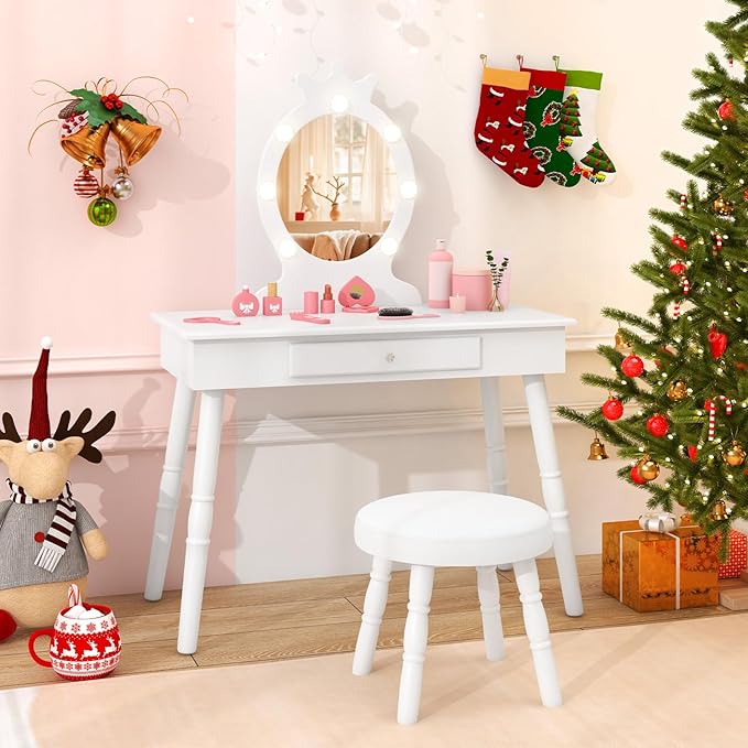 HONEY JOY Kids Vanity with Lights, Princess Wooden Makeup Table & Stool with Drawer, 3-Color LED Lights, Toddler Dressing Vanity for Little Girls, Pretend Play Kids Vanity Table and Chair Set (White)