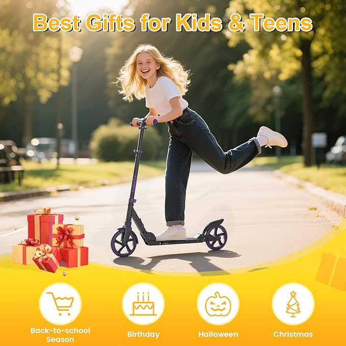 SIMATE Kick Scooter for Kids Teens & Adults, 3 Adjustable Heights, 8IN All Terrain Big Wheels, Dual Suspension, Foldable and Lightweight, Gifts for Girls Boys