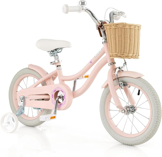 COSTWAY Kids Bike, 14 16 18 Inch Toddler Bike with Training Wheels, Basket, Adjustable Seat & Handlebar, Hand & Coaster Brakes, Bell, for Girl Boy Aged 3-8 Years Old