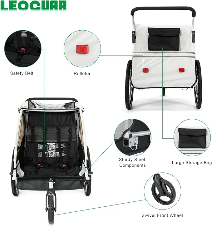 LEOGUAR Bike Trailer for Kids, Stroller, Suitable for 1 to 2 Kids, 5-Point Harness, Padded seat and Backrest, Folding Frame, Quick Release Wheels, 8" Swivel Front Wheel, Bug Screen & Weather Shield