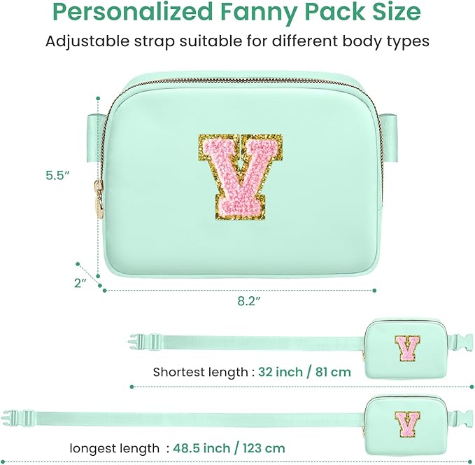 Birthday Gifts for 6 7 8 9 10 11 12 13 Year Old Girls, Personalized Crossbody Bags with Initial Letter Patch Fanny Pack Belt Bag for Teen Girls Cute Travel Essentials Trendy Stuff (Green,V)