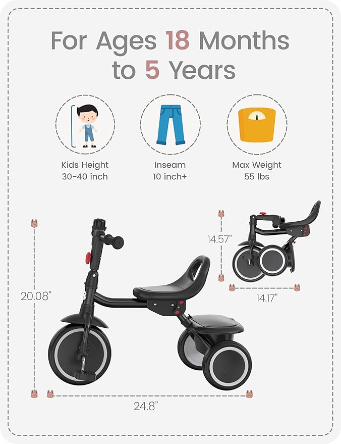 besrey Toddler Tricycle with Bell, Kids Tricycle Age 18 Months to 5 Years, Kids Trike, Toddler Bike for 1.5-5 Year Olds, Baby Trike, Gifts & Toys for Boys & Girls, Black