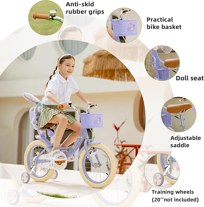 Girls Bike with Basket for Toddlers and Kids Aged 3-14 Years Old, 12 14 16 18 Inch with Training Wheels & Doll Seat, 20 Inch with Kickstand & Rear Rack, Princess Style Bicycle for Gift.