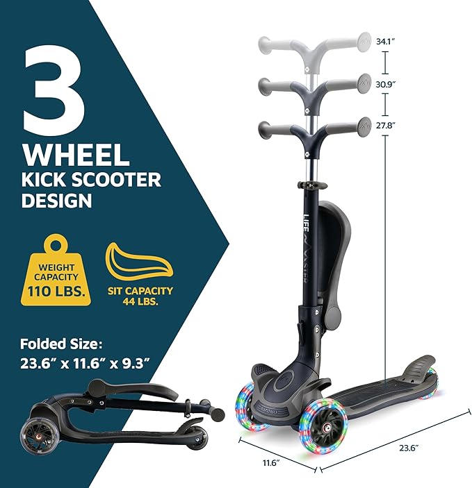 Kids Scooter – Foldable Seat – LED Wheel Lights Illuminate When Rolling – Children and Toddler 3 Wheel Kick Scooter – Adjustable Handlebar – Indoor and Outdoor- by Lifemaster