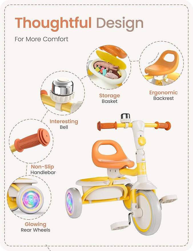 besrey Colorful Lighting Toddler Tricycle for Ages 18 Months to 5 Years, Toddler Bike with Bell, Kids Tricycle, Gift for 2-5 Year Olds, Toy for Boys and Girls, Tricycle for Toddlers, Yellow