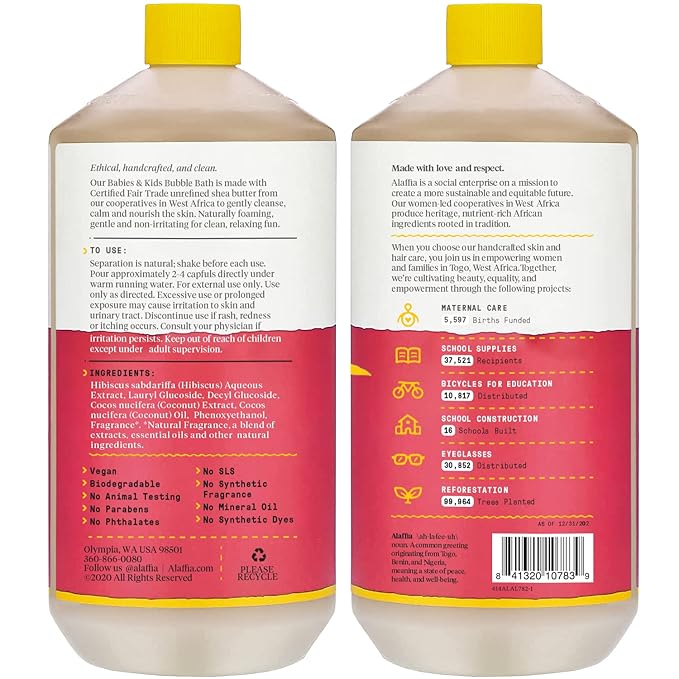 Alaffia Babies and Kids Bubble Bath, Gentle Baby Essentials for Delicate Skin, Cleansing & Calming Bubbles, Plant Based Formula, Vegan, Coconut Strawberry (2 Pack - 32 Fl Oz Ea)