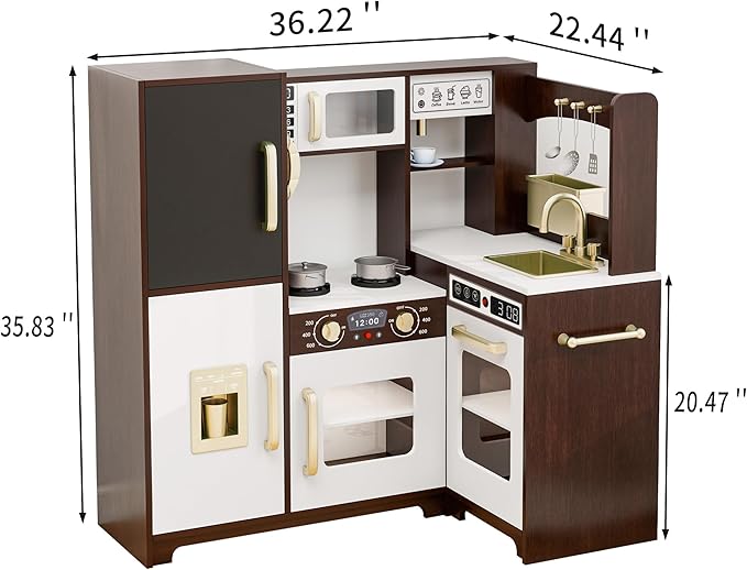 Kids Kitchen Playset with Lights & Sounds, Wooden Corner Play Kitchen with Sink,Oven, Ice Maker & Pretend Play Accessories, Educational Toy Kitchen Set for Toddlers, Coffee