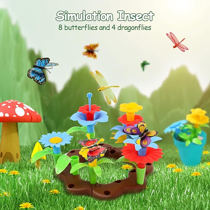 CUTE STONE Kids Gardening Tool Set, Garden Toys with Wheelbarrow, Watering Can, Shovel, Flower Garden Building Toy, Pretend Play Outdoor Indoor Activities Stem Toy Gifts for Boys Girls