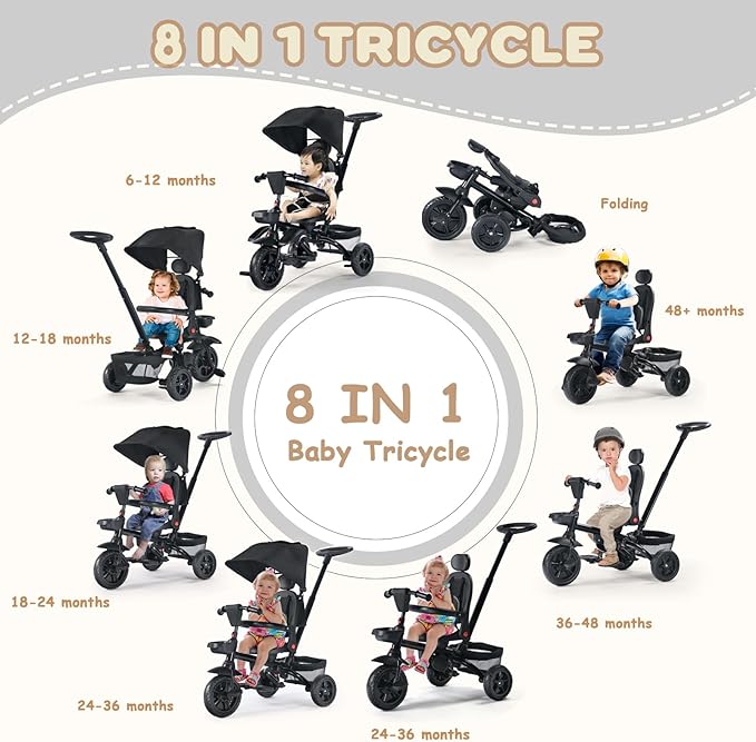 Folding Kids' Tricycle, 8 IN1 Baby Trike W/Removable Canpoy&Parental Push Rod, Toddler Bike Stroller for Kids 1-5 Years, 360° Swivel Seat, EVA Wheels，Storage Basket, Black