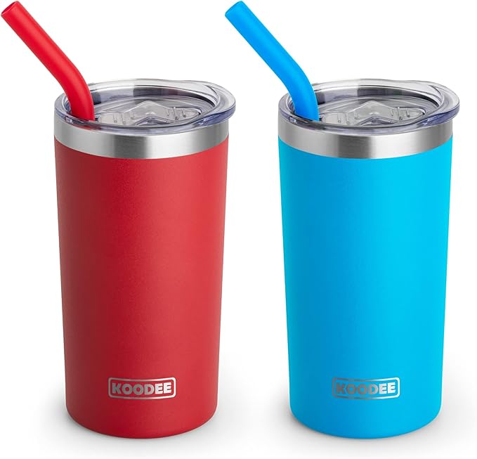 koodee Tumbler with Lids and Straws-12 oz Skinny Tumbler Stainless Steel Double Wall Vacuum Insulated Water Cup Spill Proof, BPA Free (Canyon Red-Sky Blue)