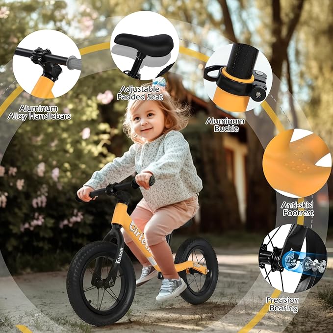 12" Balance Bike for 2, 3, 4, 5 Year Old Boys and Girls, Lightweight Nylon Frame Toddler Training Bike No Pedal Bikes for Kids with Adjustable Seat and Air Tires