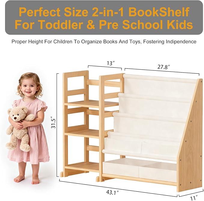 Kid Bookshelf and Toy Storage Organizer - White 3 Tier Wooden Kids Book Shelf for Kids Rooms, Toddler Bookshelf Baby Bookcase for Nursery Class Room, Play Room- Cream White