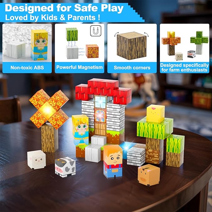 Aywewii Magnetic Blocks 45 PCS Travel Toys for Kids Ages 3-8, Toddler Magnetic Building Cubes STEM Learning Set with Iron Case - Portable Building Toys Gift for Boys and Girls (Farm Edition 1)