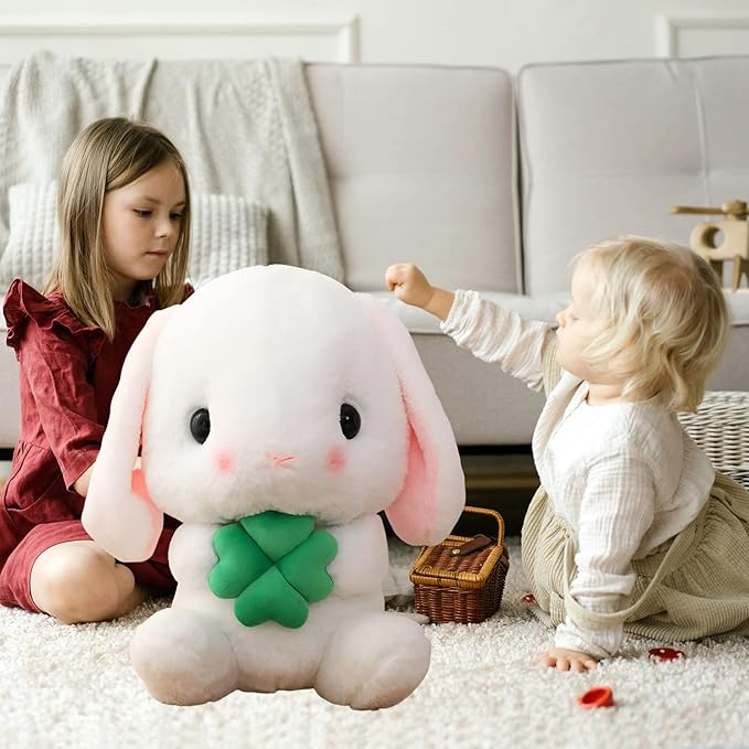 HOUPU Soft Toy - Sitting Lop Eared Rabbit, Easter White Rabbit Stuffed Bunny Animal with Carrot Soft Lovely Realistic Long-Eared Standing Pink Plush Toys (White-Four Leaf,25.5in/65cm)