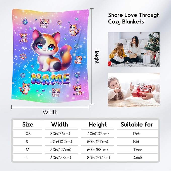 Personalized Blankets for Girls - Custom Cat Lovers Blanket Gifts - Soft Cozy Cute Flannel Cat Throw for Sofa Living, 4 Size