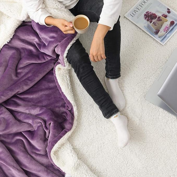 NANPIPER Throw Blanket Reversible Sherpa Flannel Bed Blanket Super Soft Fuzzy Plush Fleece Microfiber (90"x90" Cassis Purple) Queen
