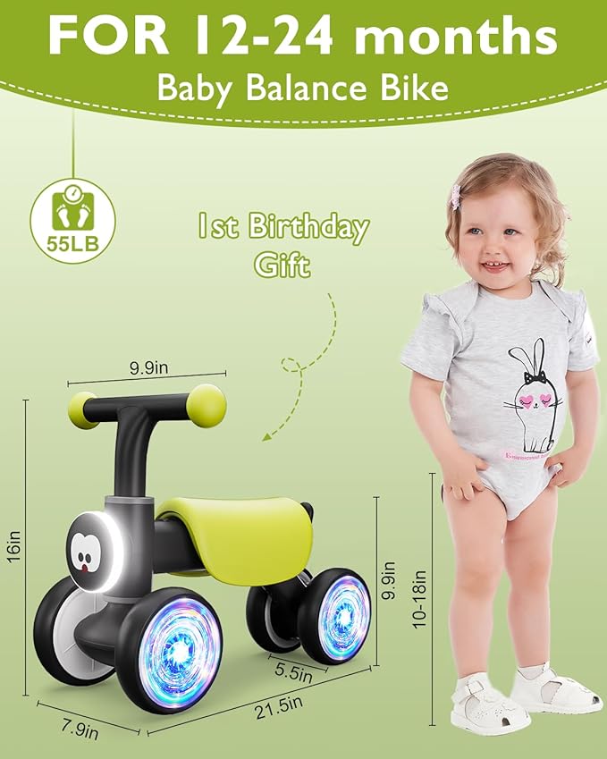 Colorful Glow Wheel Toddler Balance Bike,Baby Toys for 1 Year Old Boy Girls,12-24 Months Baby Balance Bike with Soft Music Cute Animal Sound,1st Birthday Gifts