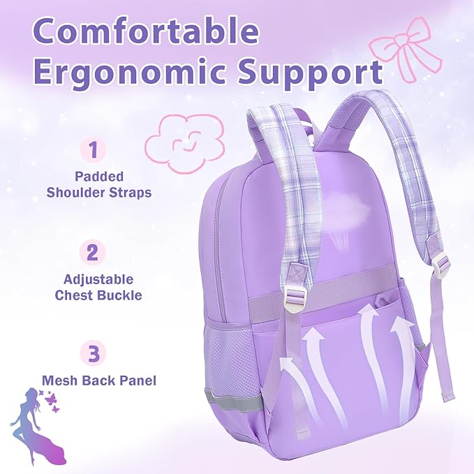 School Backpack for Girls Kids Bookbag for Elementary Middle School Casual Travel Daypack Teen Backpacks Purple Set