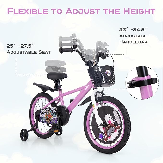 BABY JOY Rabbit Pilot Sporty Kids Bike, 12 14 16 18 Inch Child Bike for 3-8 Years Old with Adjustable Height, Training Wheels, Storage Basket, Handbrake & Coaster Brake, Kids Bicycle for Girls Boys