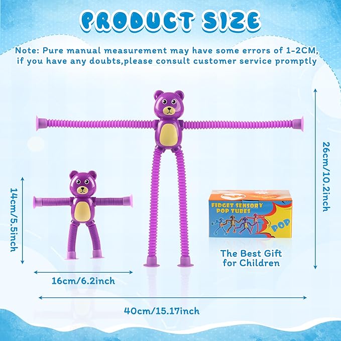 Bear Sensory Toys 4Pcs for Toddlers Kid Boy, Travel Airplane Activities Suction Autism Pop Tube Fidget Toys ADHD Autism Plane Road Trip Activities Essential,Stocking Stuffer Autistic Gifts