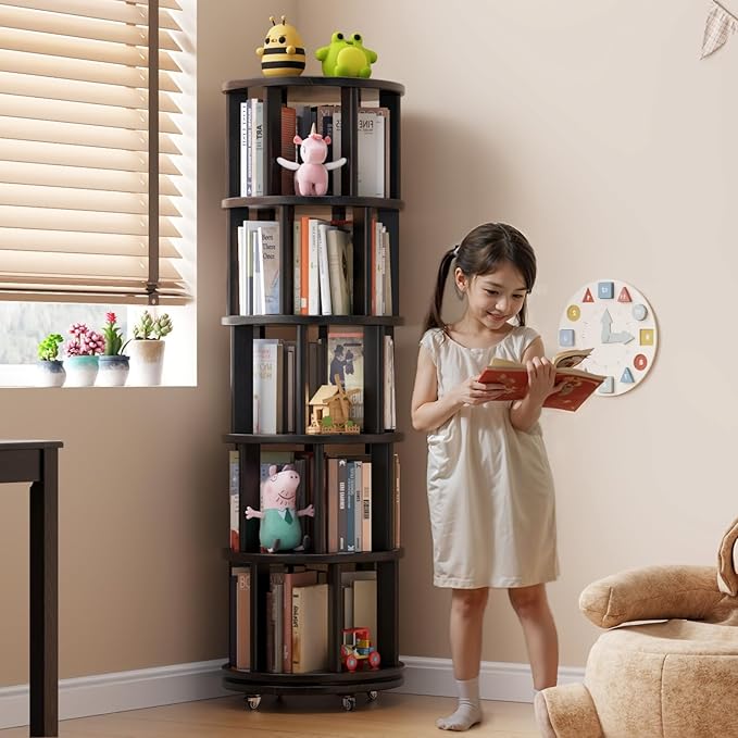 Solid Wood Rotating Bookshelf on Wheels, 5 Tier, Round Revolving Bookcase, 360° Spinning Book Shelf Tower for Kids, Narrow Rolling Bookshelves for Small Space, Corner, Bedroom, Office, Black
