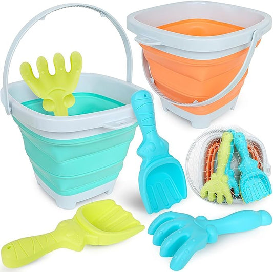 USATDD Beach Toys for Kids with Collapsible Bucket, Sand Rake and Shovel, Collapsible Beach Bucket Travel Sand Toys for Toddlers Kids
