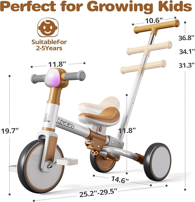 Ridego 5-in-1 Tricycle for Toddlers 2-5 Year Olds, Kids Balance Bike & Toddler Push Bike with Parent Handle, RGB Music Light, Tool-Free Assembly Birthday Gift for Boys Girls