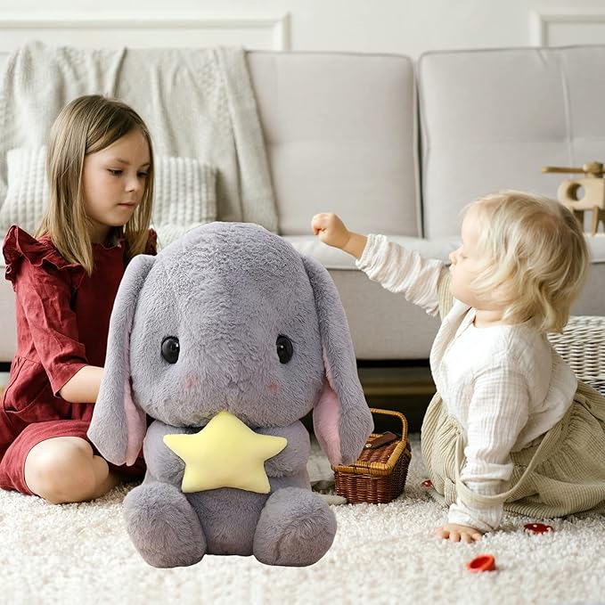 HOUPU Soft Toy - Sitting Lop Eared Rabbit, Easter White Rabbit Stuffed Bunny Animal with Carrot Soft Lovely Realistic Long-Eared Standing Pink Plush Toys (Gray-Star,29.5in/75cm)