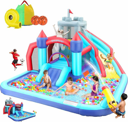 Inflatable Water Slide, 10 in 1 Bounce House Water Park with 580W Blower Climbing Wall, Splash Pool, Cannon, Jump Area, Basketball Hoop, Ball Gate, Water Slides Kids Bouncy Castle for Backyard Fun