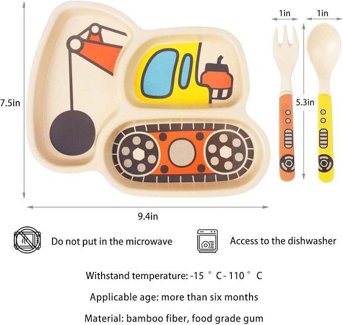 Kid Plate Set Bamboo Toddler Plates Dinnerware Dinner Dish Set Baby Feeding Spill Proof Divided Plate - Baby Spoon and fork 3-Piece Set for Kids and Toddlers Teaches Child Portion Control