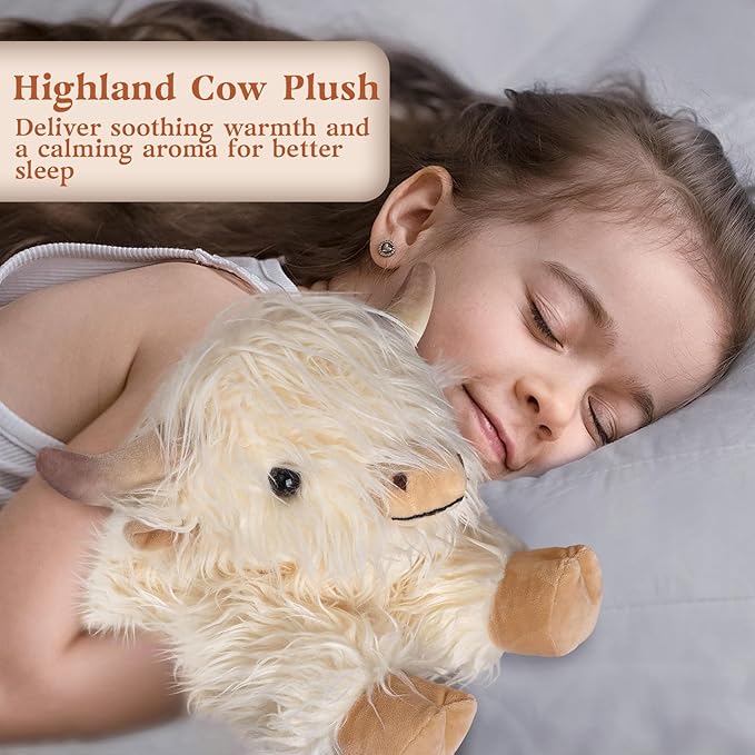 Highland Cow Stuffed Animals, Microwavable Stuffed Animal Adorable Fluffy Highland Cow Plush for Warmth Comfort, Heatable Coolable Lavender Scent Toy, Cute Soft Plushies Gift for Kid Boy Girl & Adult