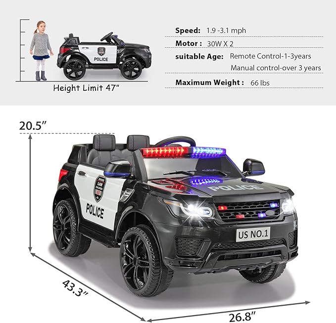 TOBBI Police Car Ride on Electric Car for Kids to Drive Battery Powered Ride-on Toys Cop Cars with Remote Control, Siren, Flashing Lights, Music, Spring Suspension, Carbon Black