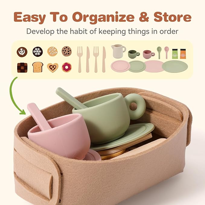 Youuys Wooden Tea Party Set for Toddlers Little Girls with Silicone Teapot Set & Felt Toys & Flower Arranging Toy and Portable Storage Basket, Pretend Play Toys for 3 4 5 6 Year Old Girl