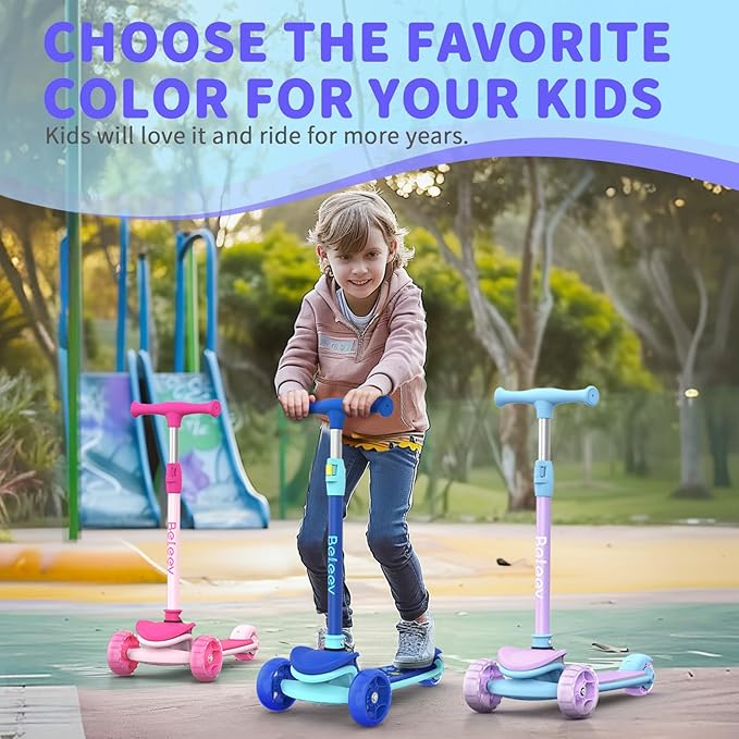 BELEEV A8 Scooter for Kids Ages 3-12, 3 Wheel Folding Scooter for Toddlers Girls Boys, LED Light-Up Wheels, 4 Adjustable Height, Lean to Steer, Extra Wide Wheels, Three Wheel Kick Scooter for Children