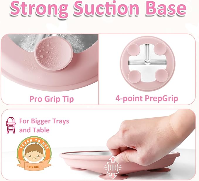 Stainless Steel Suction Plates for Toddlers, 9" Divided Kids Baby Plates with Removable Silicone Suction, Non Toxic Non Slip Portion Control Snack Dishes 3 Packs, Bright Orange/Blue/Green