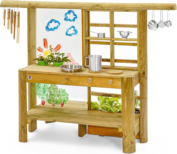 Plum® Discovery Mud Pie Kitchen for Kids Outdoor Toys - Play Toy Kitchen with Accessories, Wooden Kids Playset, with Built-in Gardening Planter and Painting Easel for Kid Age 3+
