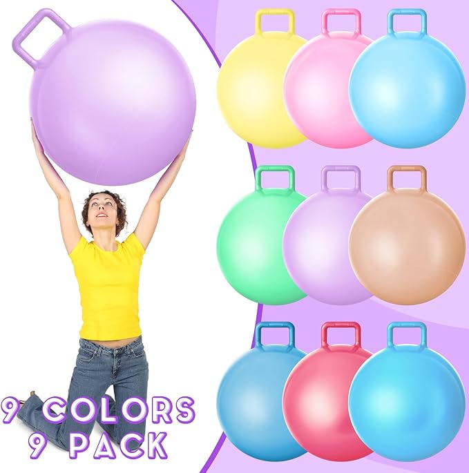 Meooeck 9 Pcs Hopper Ball 29 Inch Jumping Hopping Outdoor Bouncy Ball with Handles and Air Pump for Sports School Games Exercise(Macaron Color)