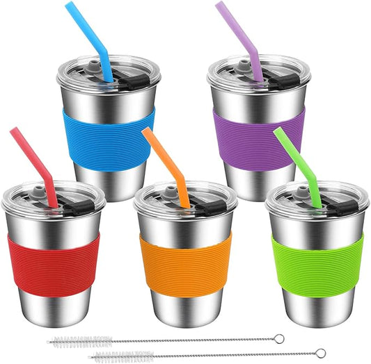 ShineMe Kids Cups with Straws and Lids, 12oz Kids Metal Drinking Glasses with Spill Proof Lids & Silicone Straws, Stainless Steel Reusable Water Tumblers for Children and Adults (5pack)