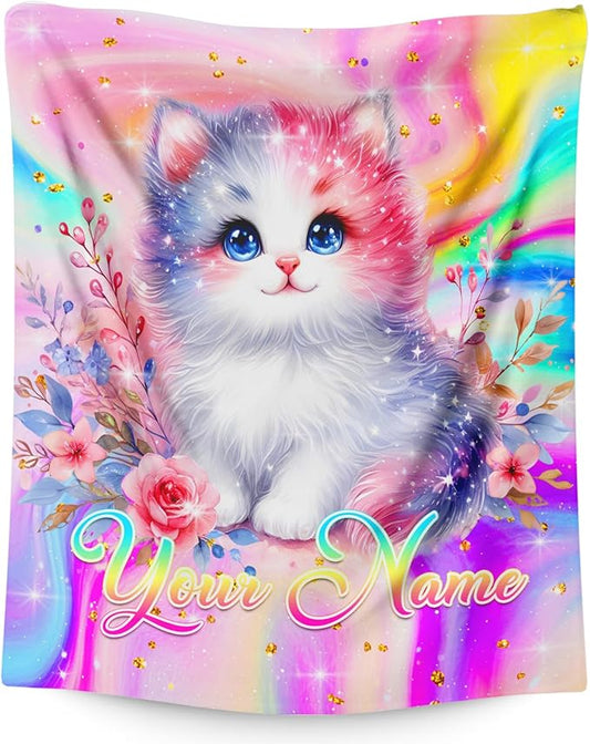 Personalized Blanket for Girls, Cat Throw Blanket Gift for Kids Teens Cats Lovers, Custom 80"x60" Soft Cozy Flannel Blankets for Couch Sofa Bed Bedroom Decor