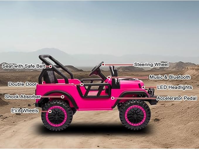 FINITO 24V Ride On Toys, Electric Car for Kids, with Remote Control, LED Lights, Music Player, and Bluetooth Functionality, Suitable as a Gift for Boys and Girls Aged 3+ (Pink)