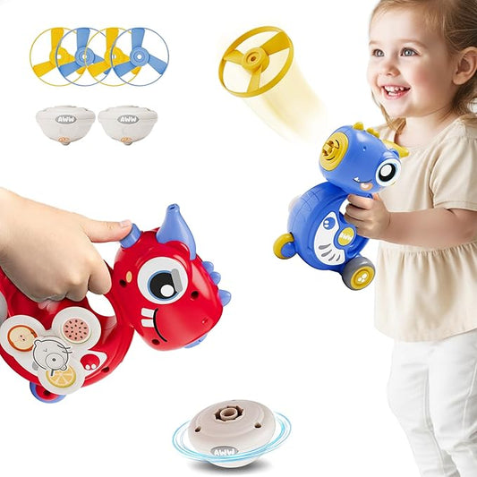 iPlay, iLearn Kids Dinosaur Flying Disc Launcher Toys, Toddler Push Go Friction Dino Cars, Indoor Outdoor Spinning Top Yard Play Set, Birthday Gift for 12-18 Months, 1 2 3-6 Years Old Boys Girls Child