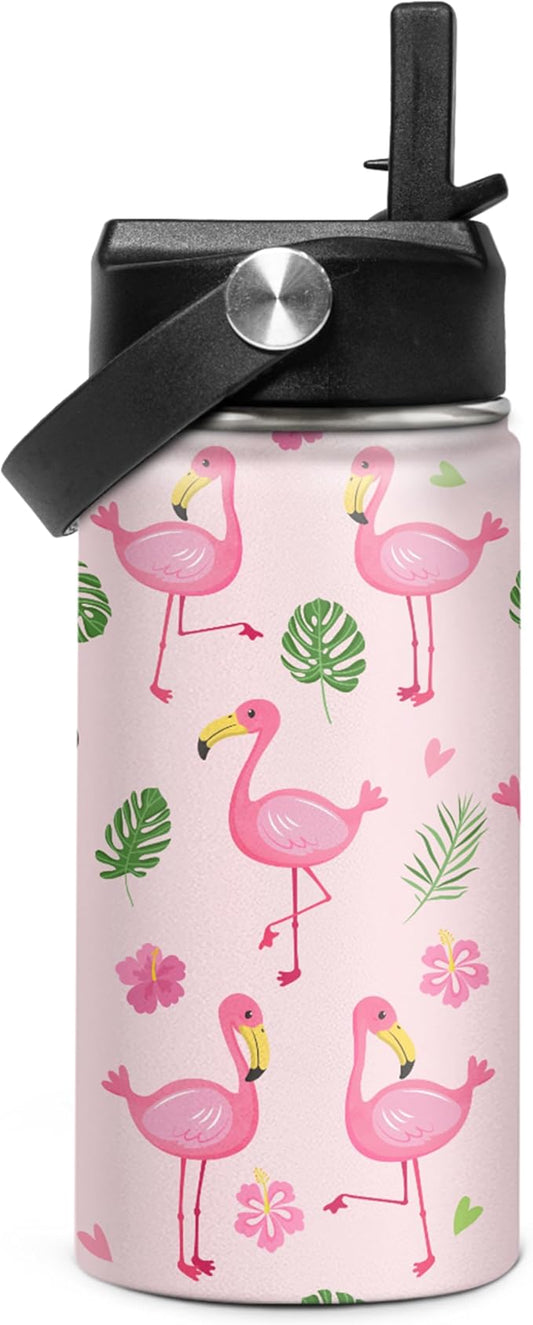 SANDJEST Kids Water Bottle Flamingo Water Bottles 12oz with Straw Insulated Stainless Steel Travel School Tumbler Double Wall Vacuum Cup for Girls Kid