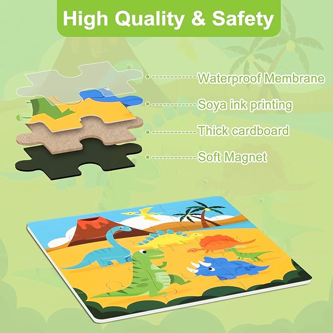 ASTARON Magnetic Puzzles for Toddlers, 16-20-25 Pieces Dinosaur Land Learning Magnet Puzzles for Road Trip, Educational Travel Toys Car Plane Activities for Kids, Kids Birthday Gifts