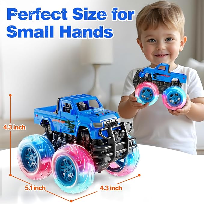 LODBY Monster Trucks Toys for Toddlers, Light-Up Trucks & Cars Toys for 2 3 4 5 6 Year Old Boy Birthday Gifts, Kids Push and Go Cars with Flashing Wheels (2 Pack)