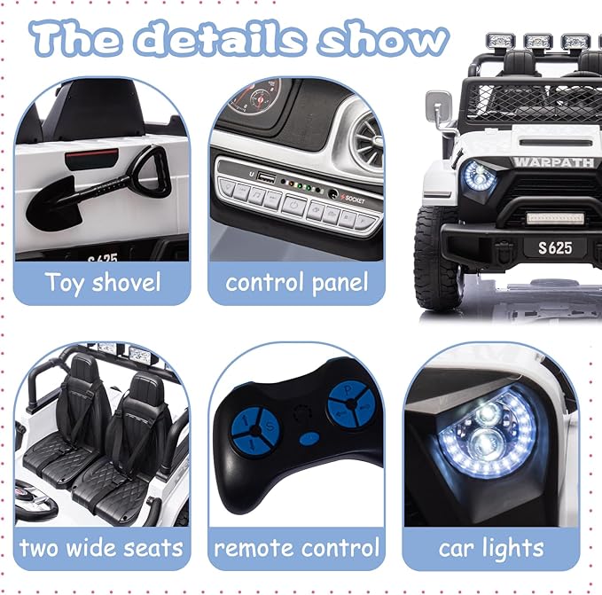 OTTARO 2 Seater Ride on Truck, 12V Large Electric Vehicles Battery Powered Cars for Kids with Remote Control, Spring Suspension, LED Lights, Music (White)